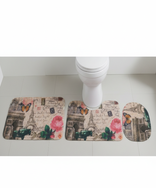 Vintage Paris 3-Piece Bathroom Rug Set – Eiffel Tower & Floral Design