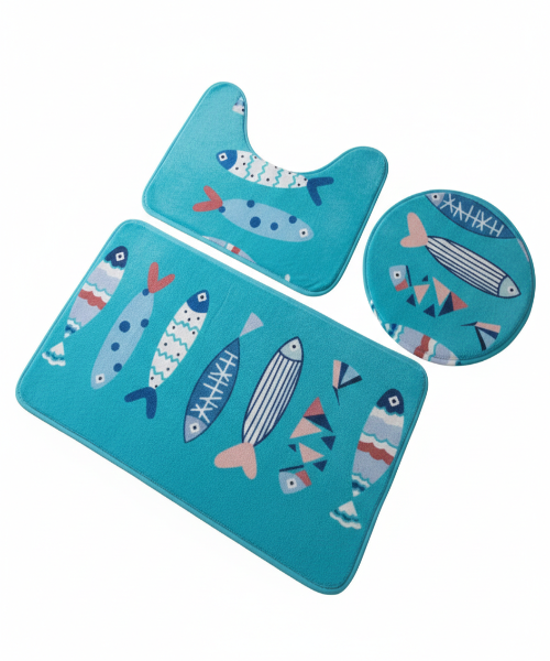 Whimsical Ocean Fish 3-Piece Bathroom Rug Set – Vibrant Blue Aquatic Decor