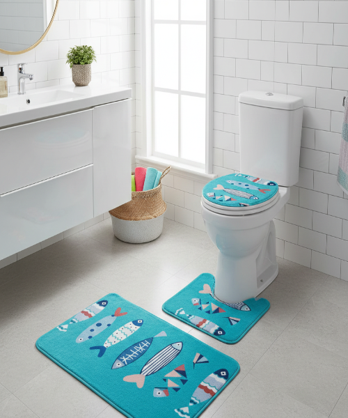 Whimsical Ocean Fish 3-Piece Bathroom Rug Set – Vibrant Blue Aquatic Decor