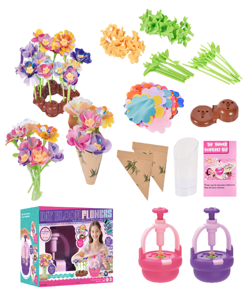 Plastic Fabric Flower Bouquet Making Kit for Girls 2-4 5-7 Years DIY Arts Crafts Toy Embossing Machine for Intelligence